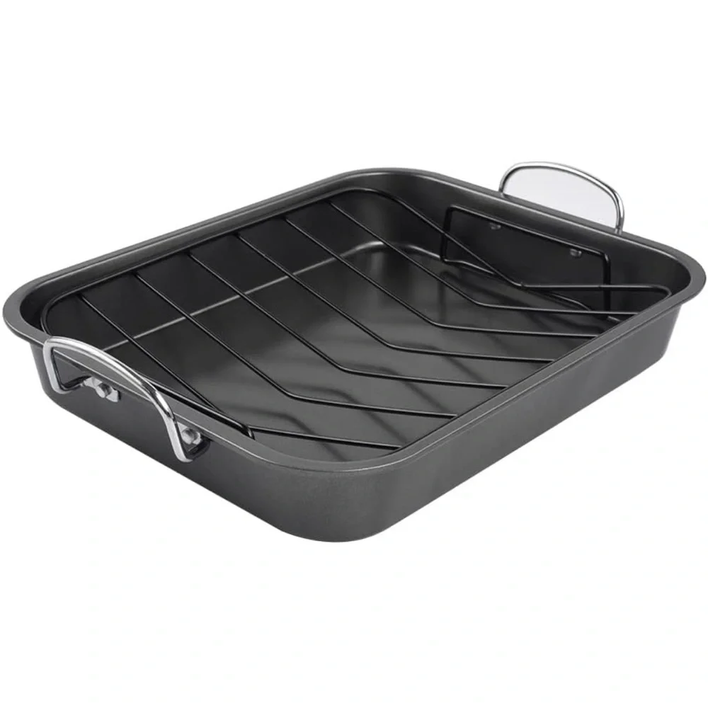 Nonstick Black Roasting Pan with Rack - 16 Inch Rectangular Dishwasher Safe
